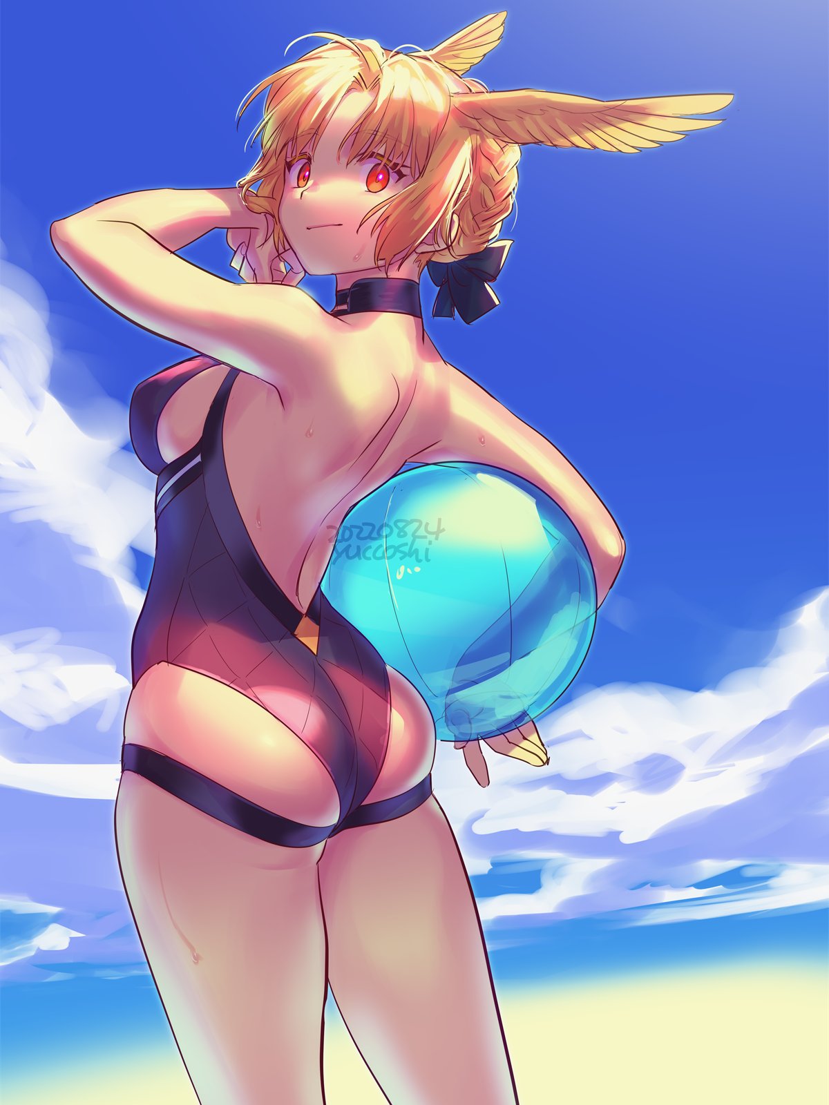 1girl 2022 artist_name ass ball bare_shoulders beachball blonde_hair blue_sky braid breasts closed_mouth cloud dated day fate/grand_order fate_(series) head_wings highres holding holding_ball looking_at_viewer medium_breasts one-piece_swimsuit outdoors purple_one-piece_swimsuit red_eyes rindr_(fate) short_hair sky solo standing swimsuit valkyrie_(fate) wings yuccoshi