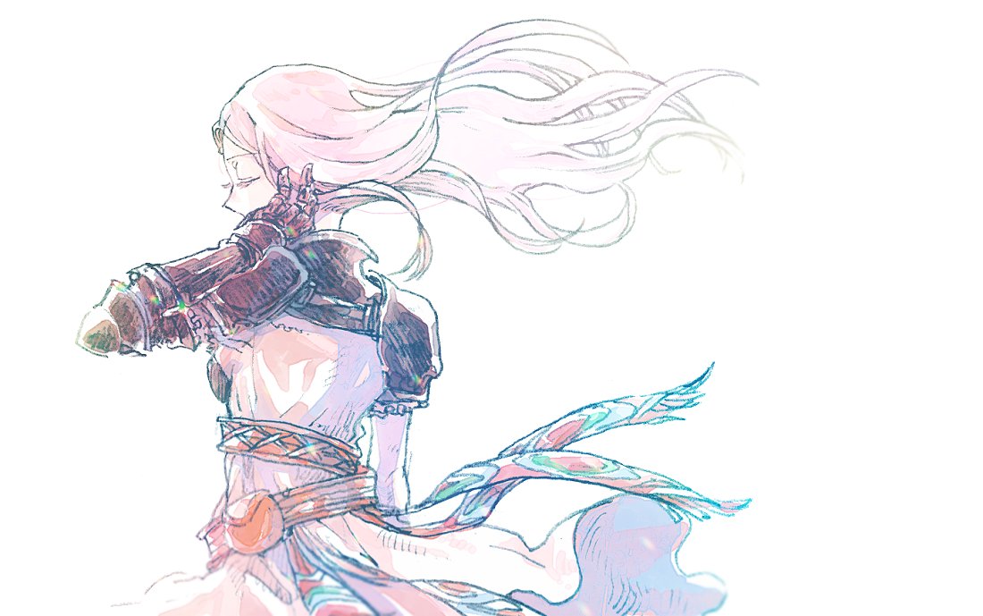 1girl armor breastplate dress final_fantasy final_fantasy_tactics_advance gauntlets long_hair michibata_65 pauldrons pink_hair rerebrace ritz_malheur shoulder_armor simple_background single_gauntlet solo white_background