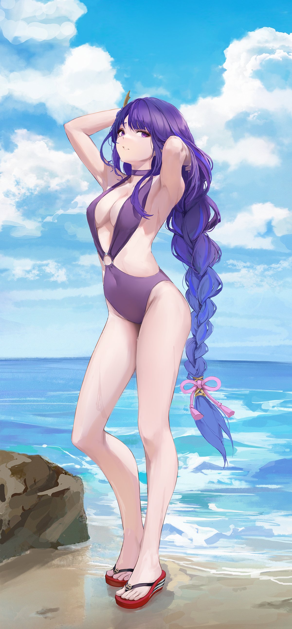 1girl absurdres armpits arms_up bangs beach blue_sky blunt_bangs braid braided_ponytail breasts choker cloud cloudy_sky day error feet flip-flops foreshortening full_body genshin_impact hair_ornament highres hiki_niito horizon large_breasts legs long_hair looking_at_viewer mole mole_under_eye o-ring o-ring_swimsuit ocean one-piece_swimsuit outdoors parted_lips purple_eyes purple_hair purple_swimsuit raiden_shogun sandals sky standing swimsuit thighs toes very_long_hair water wet wrong_feet