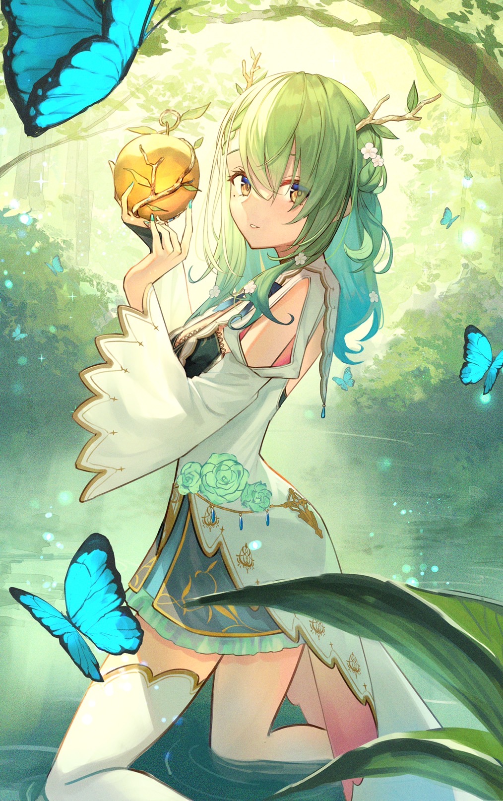 1girl antlers apple blue_butterfly bug butterfly ceres_fauna ceres_fauna_(1st_costume) commentary day dress english_commentary feet_out_of_frame flower food forest fruit golden_apple green_hair hair_flower hair_ornament hands_up highres holding holding_food holding_fruit hololive hololive_english kneeling lake long_hair long_sleeves looking_at_viewer looking_back mole mole_under_eye nature outdoors parted_lips single_thighhigh solo thighhighs virtual_youtuber water white_dress white_thighhighs wide_sleeves xyunx yellow_eyes