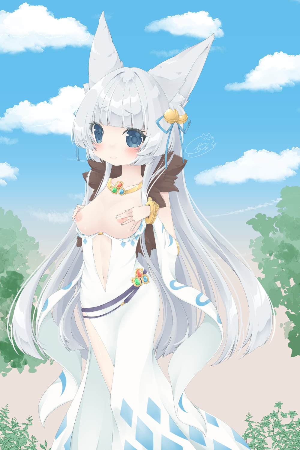 1girl animal_ear_fluff animal_ears argyle argyle_dress bangle bell belt blue_eyes blue_ribbon blue_sky blunt_bangs blush bracelet breasts breasts_out closed_mouth cloud commentary_request commission day detached_sleeves dress feet_out_of_frame fox_ears fur_collar grey_hair hair_ribbon highres jewelry jingle_bell kannazuki_jiru long_hair looking_at_viewer medium_bangs medium_breasts navel necklace nipples outdoors plant purple_belt ragnarok_online ribbon side_slit sidelocks signature skeb_commission sky sleeveless sleeveless_dress smile solo sorcerer_(ragnarok_online) standing very_long_hair white_dress white_sleeves