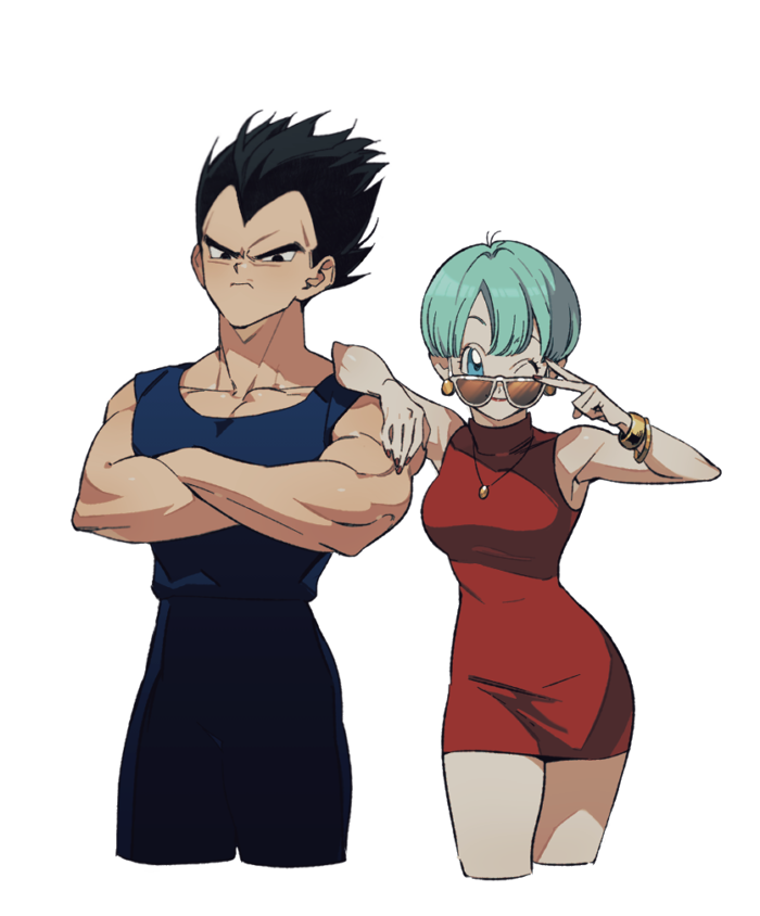 1boy 1girl arm_on_another's_shoulder black_hair blue_shirt bracelet bulma cowboy_shot crossed_arms deogbab dragon_ball dragon_ball_z dress earrings green_hair jewelry looking_at_viewer looking_to_the_side necklace one_eye_closed pants red_dress red_nails shirt short_dress short_hair simple_background sleeveless sleeveless_dress smile sunglasses turtleneck_dress vegeta white_background