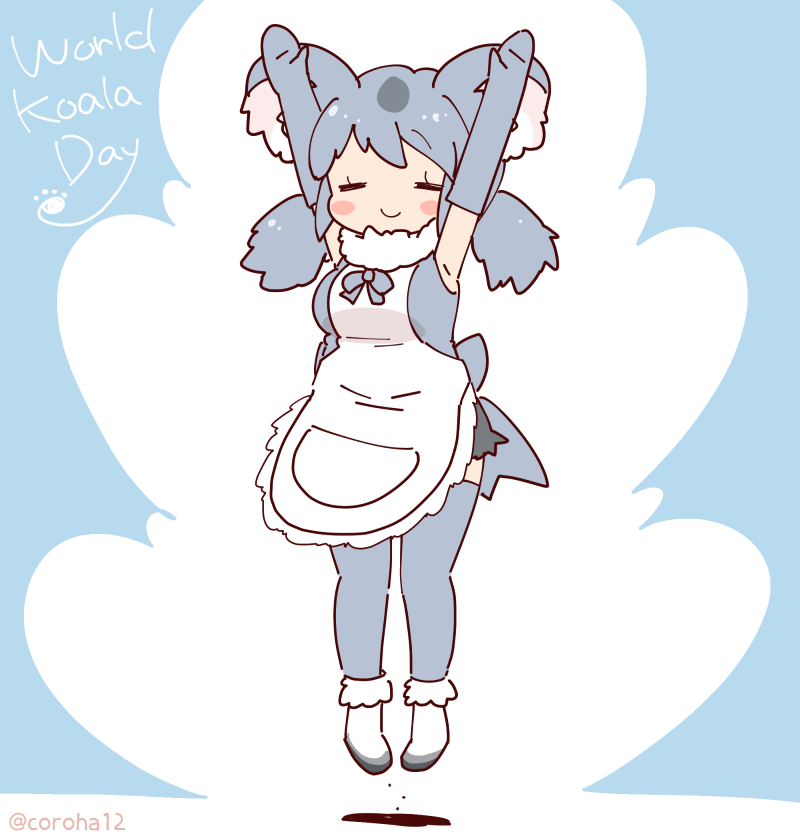 1girl animal_ears apron arms_up blue_background blue_hair bow bowtie coroha elbow_gloves extra_ears full_body gloves jumping kemono_friends koala_(kemono_friends) koala_ears koala_girl long_hair looking_at_viewer shirt shoes shorts simple_background sleeveless sleeveless_shirt solo thighhighs twintails