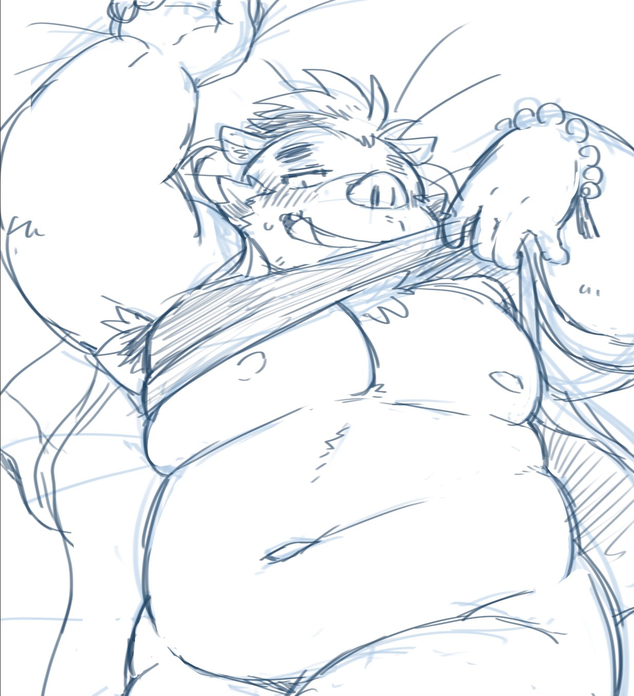 anthro armpit_hair bed belly blush body_hair bottomless bracelet clothed clothing clothing_lift furniture gouryou hi_res jewelry lifewonders lying male mammal musclegut navel nipples nunutaro3 on_back pecs shirt shirt_lift sketch smile solo suid suina sus_(pig) tank_top tokyo_afterschool_summoners topwear tusks wild_boar