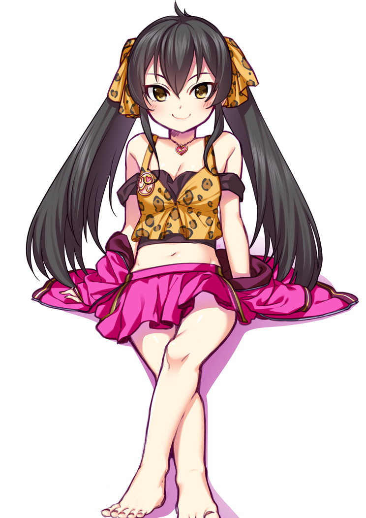 1girl animal_print arm_support bare_shoulders barefoot black_hair black_shirt blush bow breasts brown_ribbon brown_shirt cleavage closed_mouth dot_nose hair_between_eyes hair_bow hair_ribbon idolmaster idolmaster_cinderella_girls idolmaster_cinderella_girls_starlight_stage jacket jewelry leopard_print long_hair looking_at_viewer matoba_risa mikapoe miniskirt navel necklace off-shoulder_shirt off_shoulder pink_jacket pink_skirt pleated_skirt print_ribbon print_shirt ribbon shirt simple_background sitting skirt small_breasts smile solo toes twintails unworn_jacket white_background yellow_eyes
