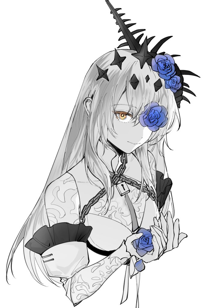 blue_flower blue_rose chain conch flower flower_over_eye greyscale hair_between_eyes hair_flower hair_ornament holding holding_flower lock long_hair looking_at_viewer lucia:_crimson_abyss_(apocalyptic_cyan)_(punishing:_gray_raven) monochrome orange_eyes padlock punishing:_gray_raven rose shell_hair_ornament spot_color violessastvira white_background