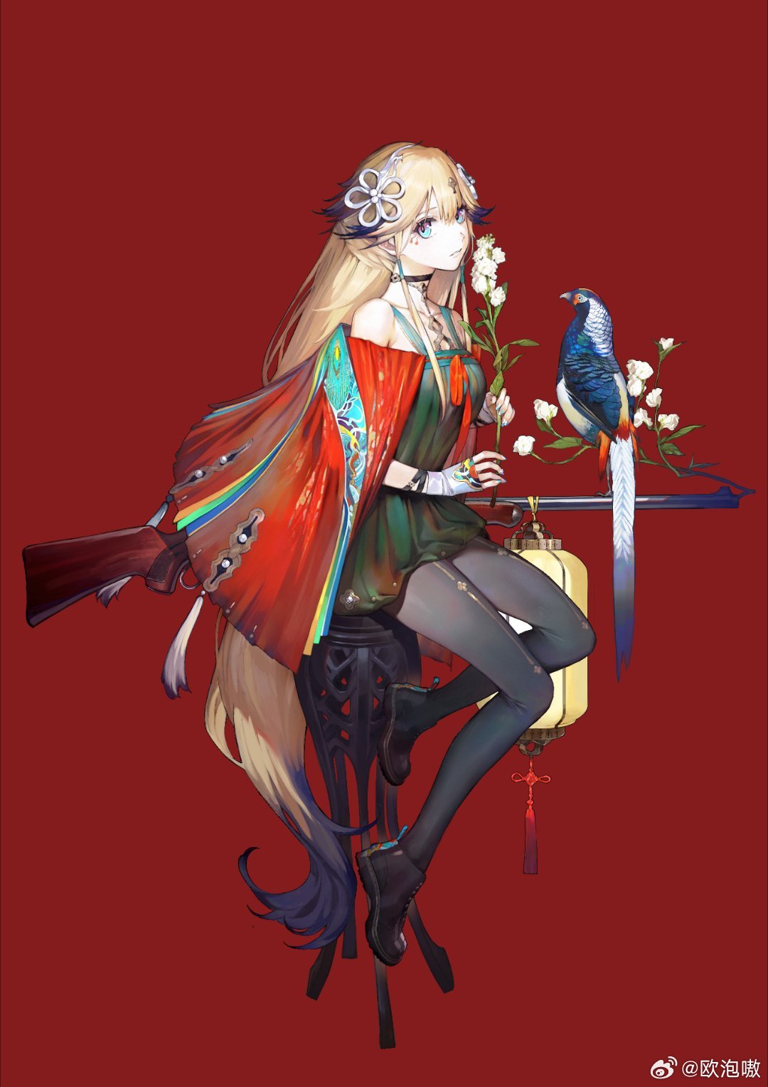 1girl ankle_boots bird black_choker black_footwear black_pantyhose blonde_hair blue_bird blue_eyes blue_hair blue_nails boots chinese_commentary choker closed_mouth colored_tips commentary_request dress fingernails flower flower_request full_body girls'_frontline green_dress hair_between_eyes hair_flower hair_ornament highres holding holding_flower lantern long_hair looking_at_viewer multicolored_hair official_alternate_costume official_art on_stool oop pantyhose paper_lantern pheasant red_background red_dress savage_99_(girls'_frontline) savage_99_(jade_serenity)_(girls'_frontline) savage_model_99 simple_background sitting solo stool two-tone_dress very_long_hair weibo_username white_flower