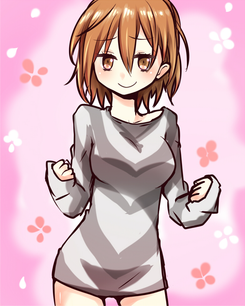 1girl accelerator_(toaru_majutsu_no_index) accelerator_(toaru_majutsu_no_index)_(cosplay) breasts brown_eyes brown_hair closed_mouth commentary_request cosplay diagonal-striped_shirt feet_out_of_frame grey_shirt hair_between_eyes i.u.y light_blush long_sleeves looking_at_viewer medium_breasts medium_hair misaka_worst no_pants pink_background shirt smile solo standing striped_clothes striped_shirt toaru_majutsu_no_index toaru_majutsu_no_index:_new_testament