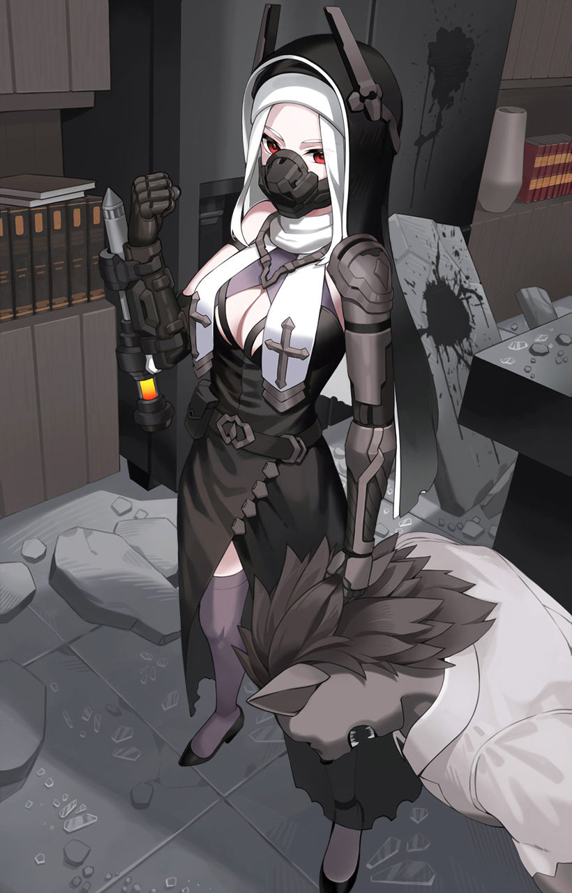 1girl bare_shoulders belt breasts broken_wall cleavage clenched_hands grey_thighhighs highres kfr long_hair mask mechanical_arms mouth_mask nun open_mouth original red_eyes sharp_teeth teeth thighhighs veil weapon white_hair