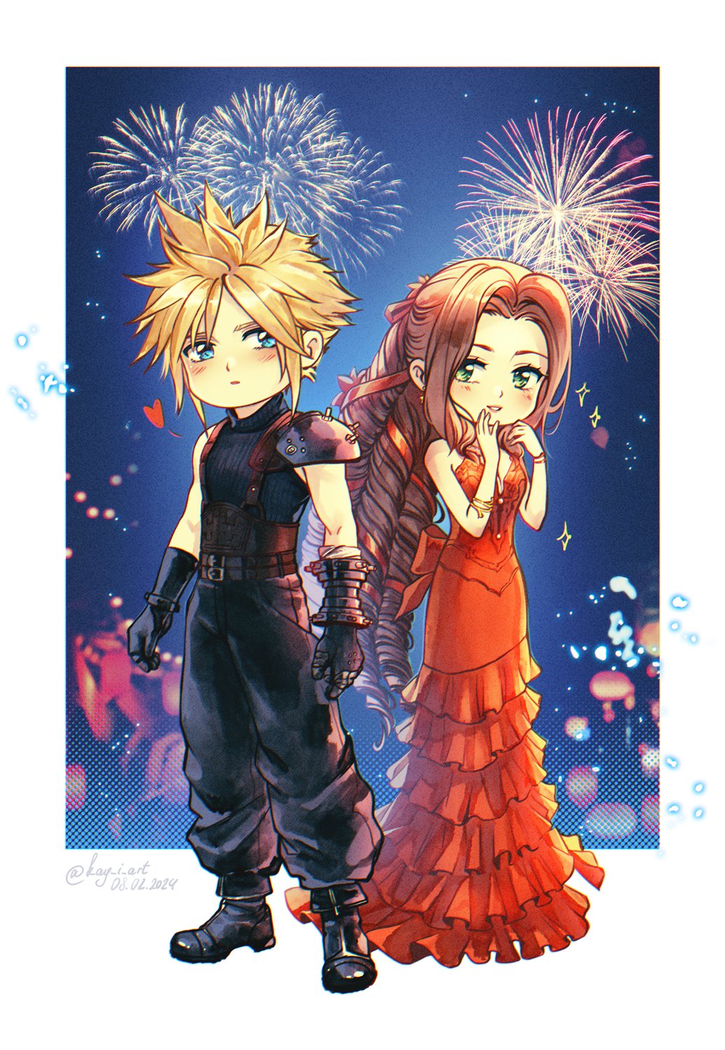 1boy 1girl aerith_gainsborough aerith_gainsborough_(red_dress) armlet armor back_bow baggy_pants bandaged_arm bandages bare_shoulders belt black_footwear black_gloves blonde_hair blue_eyes blue_shirt blush boots border bow bracelet breasts brown_belt brown_hair cloud_strife dated dress final_fantasy final_fantasy_vii final_fantasy_vii_remake fireworks flamenco_dress flower frilled_dress frills full_body gloves green_eyes hair_flower hair_ornament hair_ribbon hand_to_own_mouth heart highres jewelry kay-i long_dress long_hair looking_at_another medium_breasts multiple_belts official_alternate_costume pants parted_bangs parted_lips ponytail red_dress red_flower red_ribbon ribbon ringlets shirt short_hair shoulder_armor sidelocks single_bare_shoulder single_shoulder_pad sleeveless sleeveless_shirt sparkle spiked_hair standing strapless strapless_dress twitter_username wavy_hair white_border