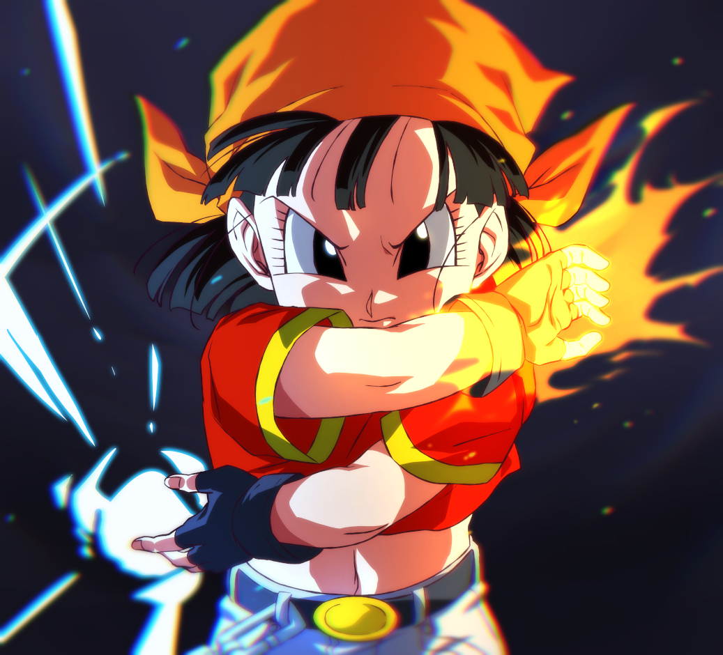 1girl bandana belt black_background black_belt black_eyes black_gloves black_hair closed_mouth commentary_request denim dragon_ball dragon_ball_gt energy_beam fingerless_gloves gloves jeans looking_at_viewer midriff navel orange_bandana orange_headwear pan_(dragon_ball) pants red_shirt rom_(20) shirt short_hair short_sleeves simple_background solo