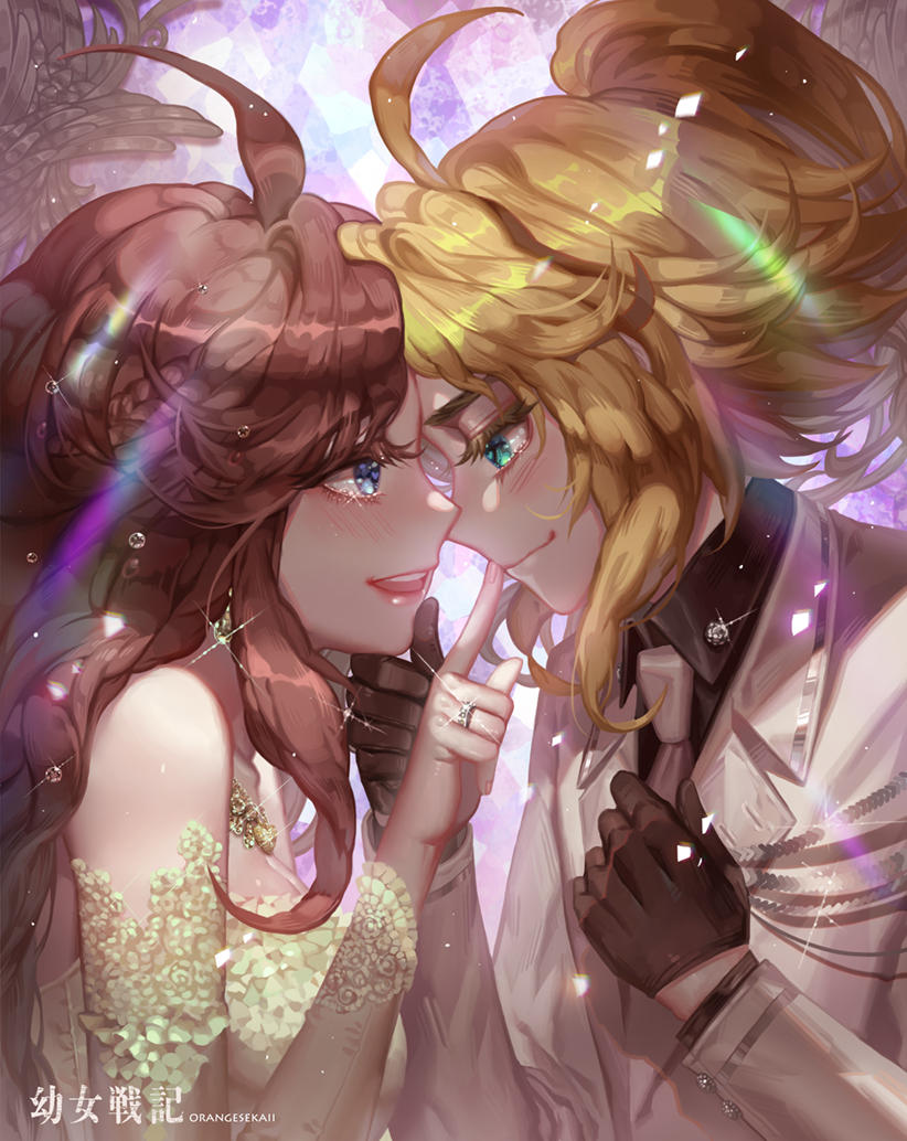 2girls ahoge alternate_hair_length alternate_hairstyle artist_name blonde_hair blue_eyes bride brown_hair dress english_commentary eye_contact finger_to_another's_mouth formal gloves grabbing_another's_chin green_eyes groom hand_on_another's_chin jewelry light_blush long_hair looking_at_another multiple_girls necktie orange_sekaii ponytail ring smile suit tanya_degurechaff tears teeth upper_body upper_teeth viktoriya_ivanovna_serebryakov wedding wedding_band white_dress white_suit wife_and_wife youjo_senki yuri