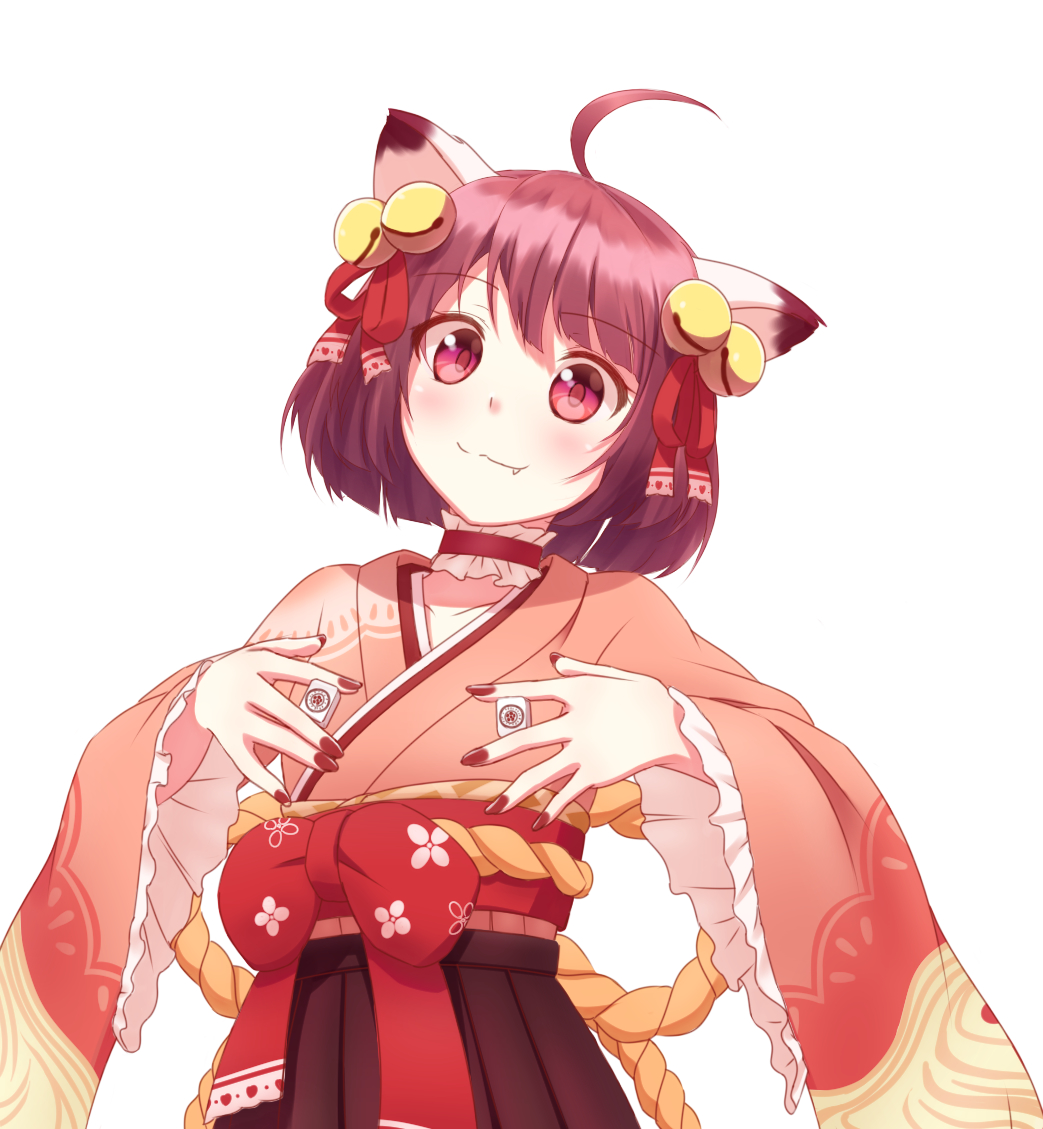 1girl :3 ahoge animal_ears bell blush bow brown_hair brown_nails brown_skirt cat_ears cat_girl closed_mouth commentary_request cowboy_shot fang fang_out fingernails flat_chest frilled_sleeves frills hair_bell hair_ornament hair_ribbon holding holding_mahjong_tile ichihime japanese_clothes jingle_bell mahjong_soul mahjong_tile medium_bangs obi pink_shirt pleated_skirt red_eyes red_ribbon red_sash ribbon sash sexually_suggestive shirt short_hair simple_background skirt smile solo split_mouth tadayou_kemuri waist_bow white_background wide_sleeves