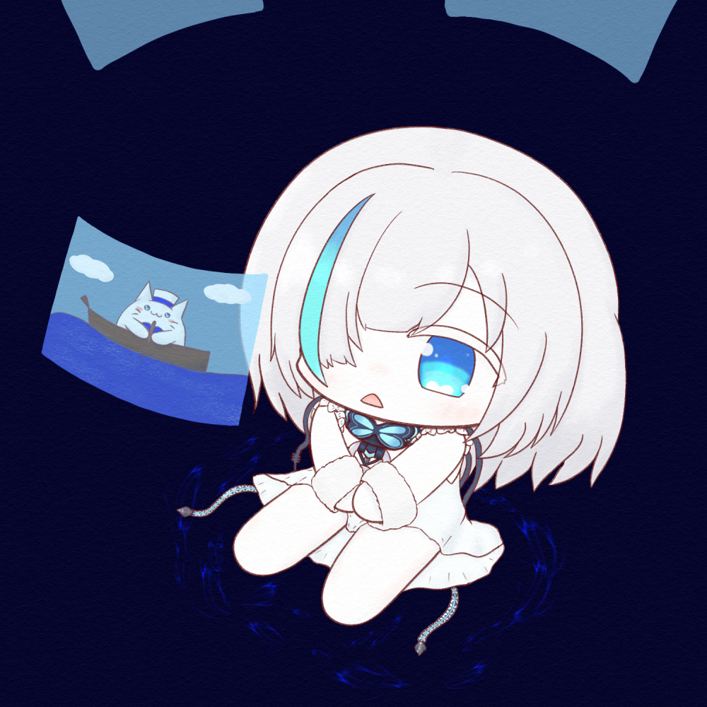 1girl azur_lane blue_butterfly blue_eyes blue_hair bug butterfly chibi commentary_request dress hair_over_one_eye holographic_monitor long_sleeves meowfficer_(azur_lane) mokezi pale_skin short_dress sitting solo tb_(azur_lane) watching_television water white_dress white_hair