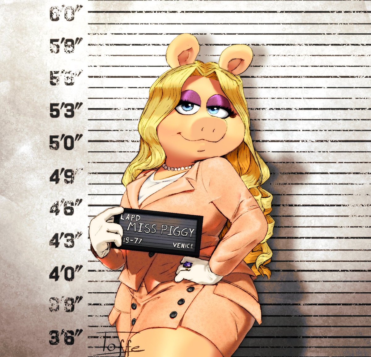 1girl barbie_mugshot_(meme) blonde_hair blue_eyes character_name english_text furry furry_female gloves hand_on_own_hip imtoffe jacket jewelry long_hair looking_at_viewer meme miss_piggy mugshot muppets necklace pig_girl pink_jacket pink_skirt ring shirt signature skirt solo white_gloves white_shirt