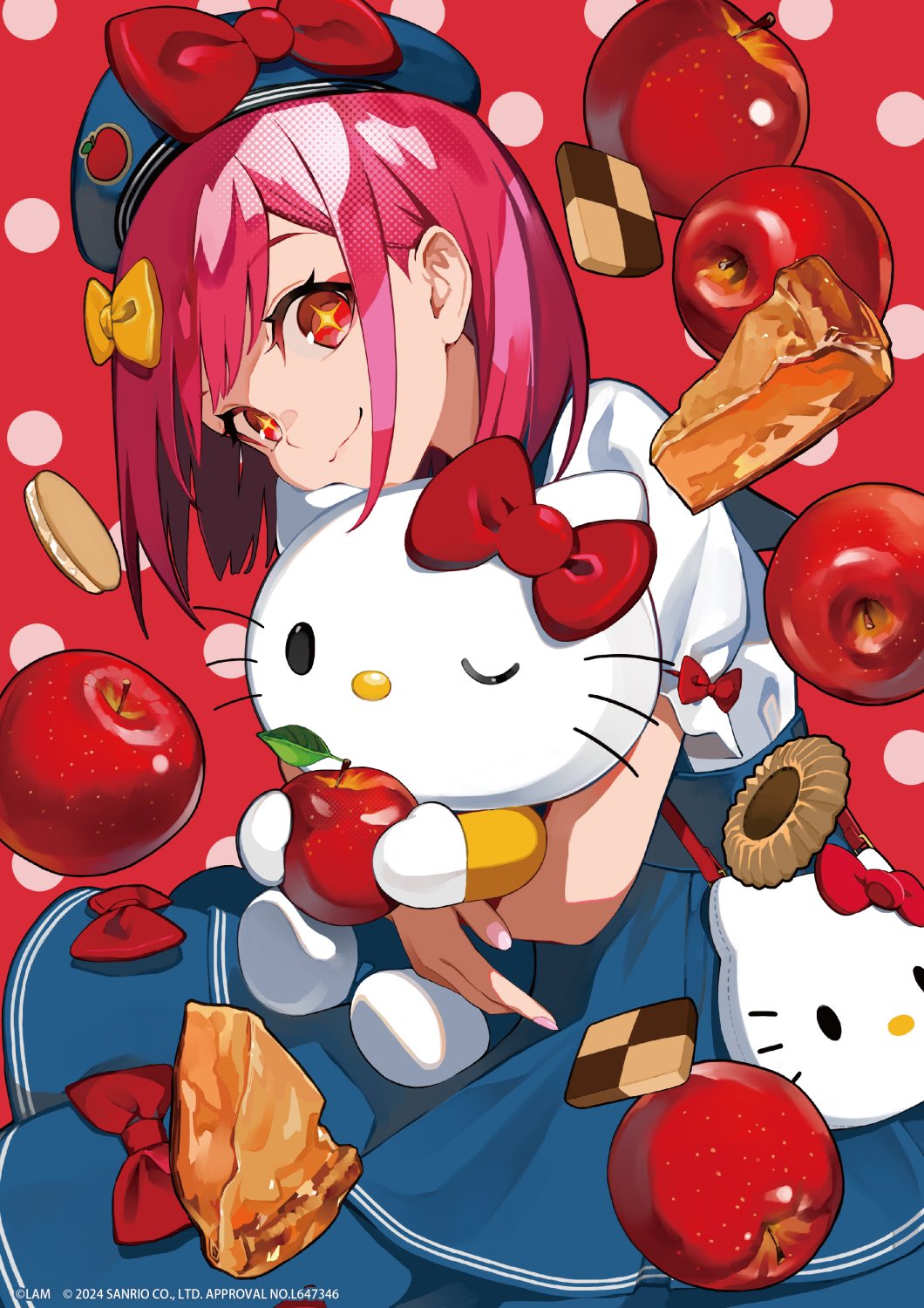 +_+ :3 apple bag blue_dress blue_headwear bow cookie dress food fruit handbag hello_kitty highres holding holding_food holding_fruit lam_(ramdayo) original pink_nails red_background red_bow red_eyes red_hair sanrio shirt short_hair smile tagme white_shirt