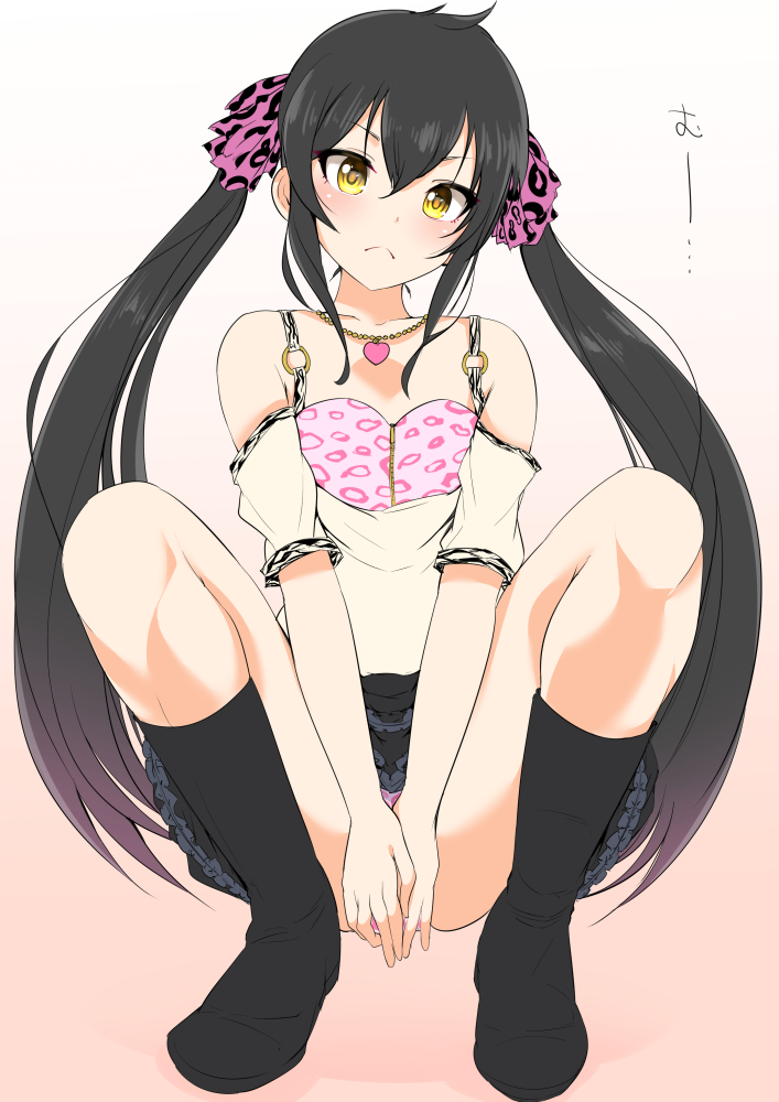 1girl animal_print arms_between_legs bare_shoulders black_footwear black_hair black_skirt blush boots bow breasts closed_mouth collarbone detached_sleeves dot_nose frilled_skirt frills gradient_background hair_between_eyes hair_bow hair_ribbon heart heart_necklace idolmaster idolmaster_cinderella_girls idolmaster_cinderella_girls_starlight_stage jewelry knee_boots leopard_print light_brown_background long_hair looking_at_viewer maruwa_tarou matoba_risa miniskirt necklace o-ring o-ring_top panties pantyshot pink_panties pink_ribbon pink_shirt print_ribbon ribbon shirt skirt small_breasts solo squatting twintails underwear v-shaped_eyebrows v_arms white_shirt white_sleeves yellow_eyes