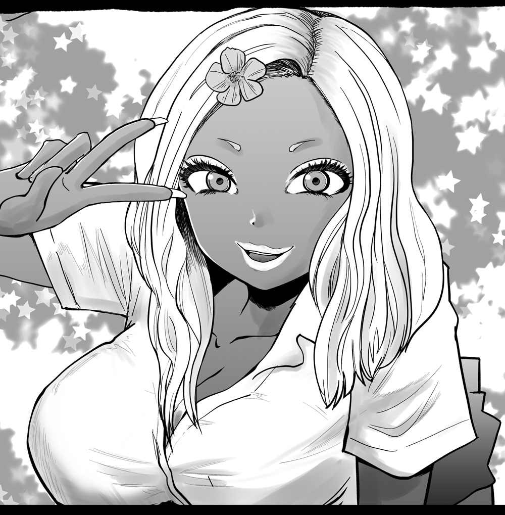 1girl breasts cleavage collarbone dark-skinned_female dark_skin eyeshadow fingernails flower ganguro greyscale hair_flower hair_ornament inchiki_bakery leaning_forward long_fingernails long_hair looking_at_viewer makeup medium_breasts monochrome original shirt skirt smile solo star_(symbol) v