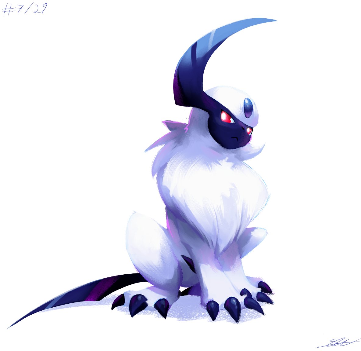 absol bright_pupils claws full_body likey no_humans pokemon pokemon_(creature) red_eyes signature sitting solo white_background white_fur white_pupils