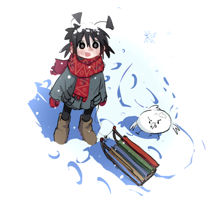 1girl @_@ animal antennae bird black_eyes black_hair black_thighhighs boots brown_footwear coat fang gloves grey_coat ime-chan_(ime44) jean_bomjan looking_up open_mouth original red_gloves red_scarf scarf short_twintails sled smile snow snow_on_head snowflakes thighhighs twintails white_background winter winter_clothes winter_gloves