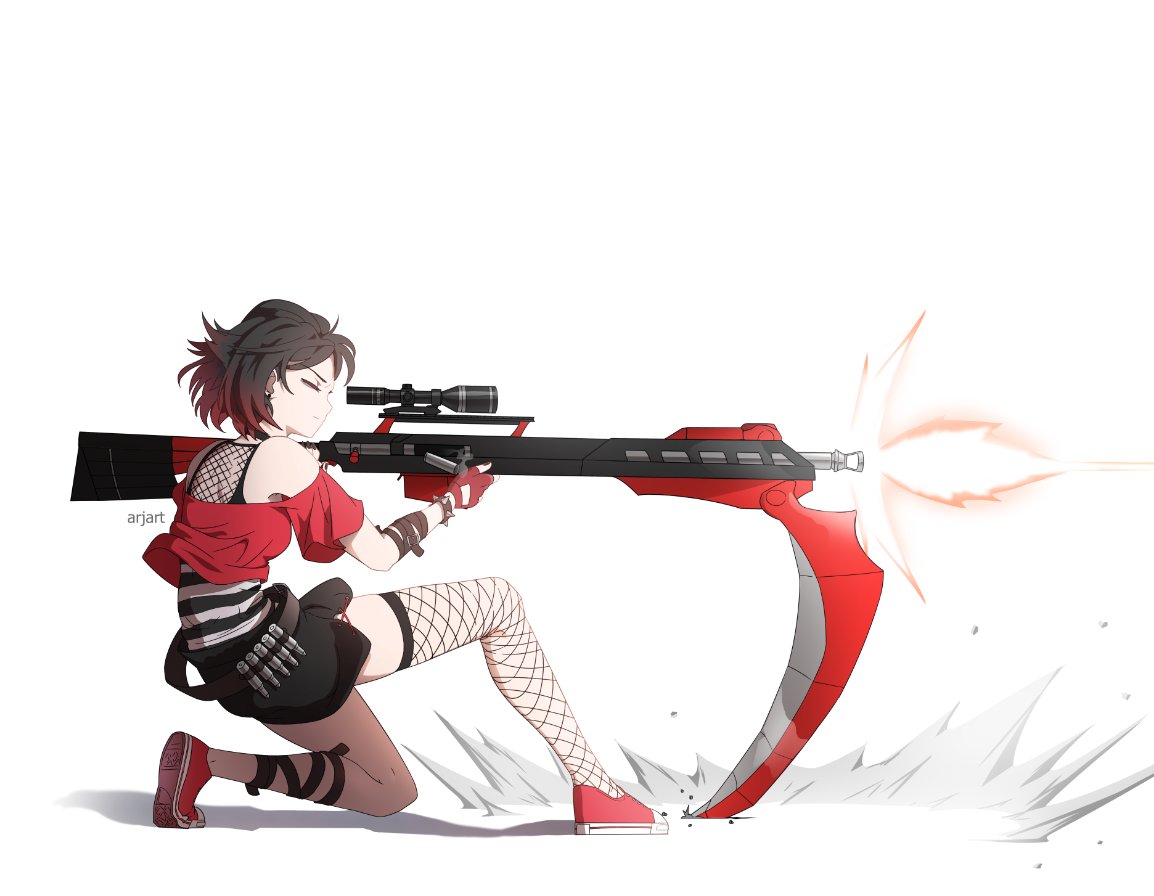 1girl ar_jart artist_name black_shorts brown_hair closed_mouth commentary crescent_rose english_commentary firing fishnet_thighhighs fishnets gradient_hair gun holding holding_gun holding_weapon multicolored_hair muzzle_flash off-shoulder_shirt off_shoulder on_one_knee one_eye_closed red_footwear red_hair red_shirt rifle ruby_rose rwby scope scythe shirt shoes short_shorts short_sleeves shorts simple_background single_thighhigh sniper_rifle solo thighhighs weapon white_background