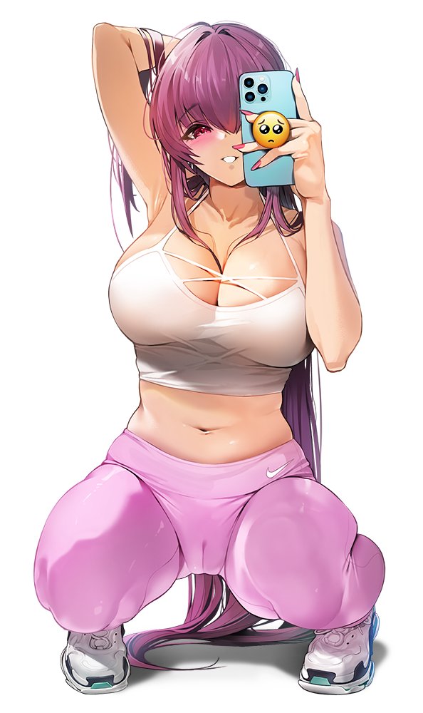 1girl bangs bare_arms bare_shoulders blush breasts cameltoe cellphone cleavage damda eyebrows_visible_through_hair fate/grand_order fate_(series) full_body large_breasts long_hair navel nike pants parted_lips phone pink_pants purple_eyes purple_hair scathach_(fate) shirt shoes sleeveless smartphone smile sneakers solo symbol-only_commentary white_footwear white_shirt