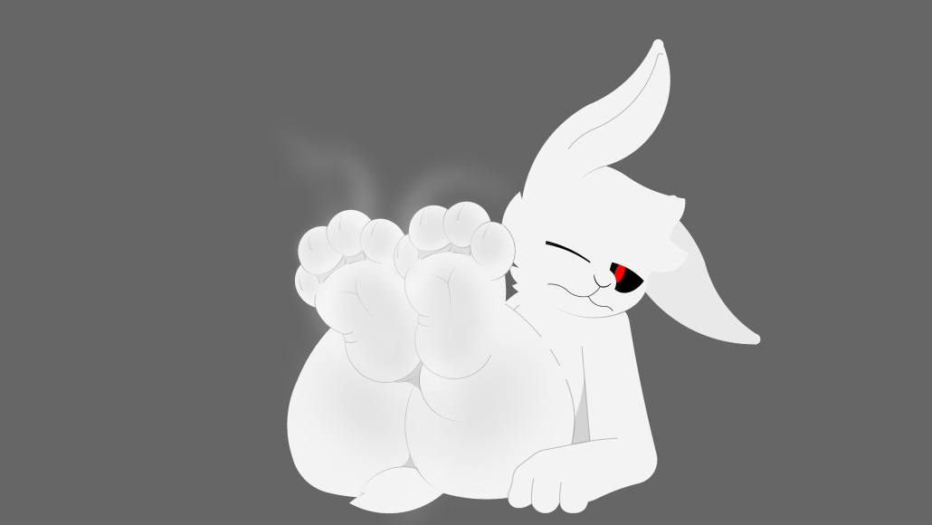 ahnir_(sparkothefailure) anthro barefoot digital_media_(artwork) dirty_feet disgust feet fluffy foot_fetish lagomorph leporid lying male mammal musk paws plantigrade rabbit short_male short_tail simple_background solo sparkothefailure tail toes white_body