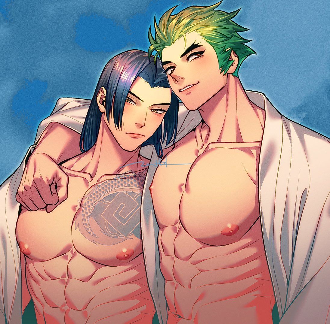 2boys abs bare_pectorals black_hair brothers chest_tattoo closed_mouth genji_(overwatch) green_hair hanzo_(overwatch) long_hair looking_at_viewer male_focus multiple_boys nipples nkraae open_clothes open_shirt overwatch overwatch_2 pectorals shirt short_hair siblings smile tattoo upper_body white_shirt