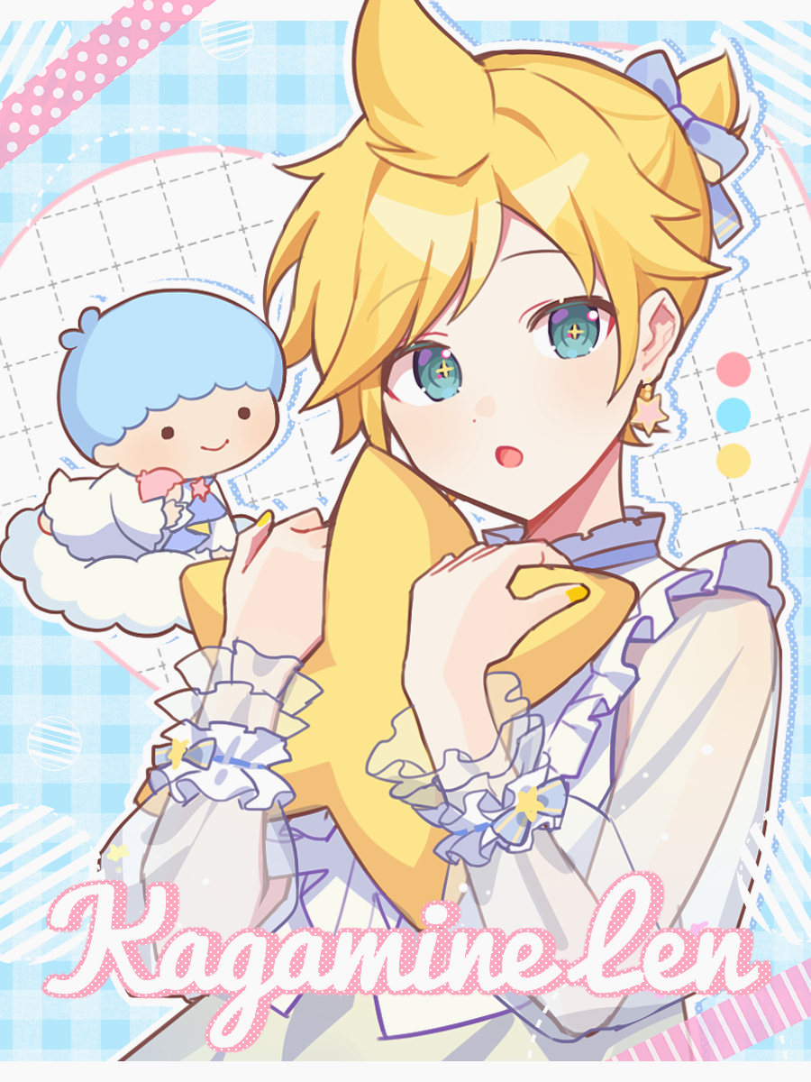 +_+ 2boys :o blonde_hair blue_background blue_bow blue_eyes blue_hair bow character_name checkered_background cloud collar earrings frilled_collar frilled_sleeves frilled_wrist_cuffs frills hair_bow hands_up highres holding holding_pillow jewelry kagamine_len kiki_(little_twin_stars) long_sleeves looking_at_viewer multiple_boys parted_lips pillow project_sekai sanrio see-through see-through_sleeves short_hair star_(symbol) star_earrings upper_body vocaloid waka_(wk4444) wrist_cuffs yellow_nails