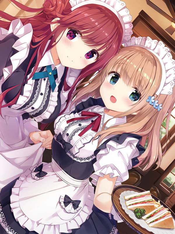 2girls apron blonde_hair blue_eyes blush breasts closed_mouth clothes_lift dress ear_focus flower food frilled_apron frilled_dress frilled_skirt frills hair_flower hair_ornament hairpin kimishima_ao lace lace-trimmed_dress lace-trimmed_skirt lace_trim large_breasts long_hair looking_at_viewer looking_to_the_side maid maid_apron maid_day maid_headdress medium_breasts multiple_girls open_mouth original purple_eyes red_hair red_ribbon ribbon sandwich shiny shiny_hair shiny_skin skirt skirt_lift small_breasts smile