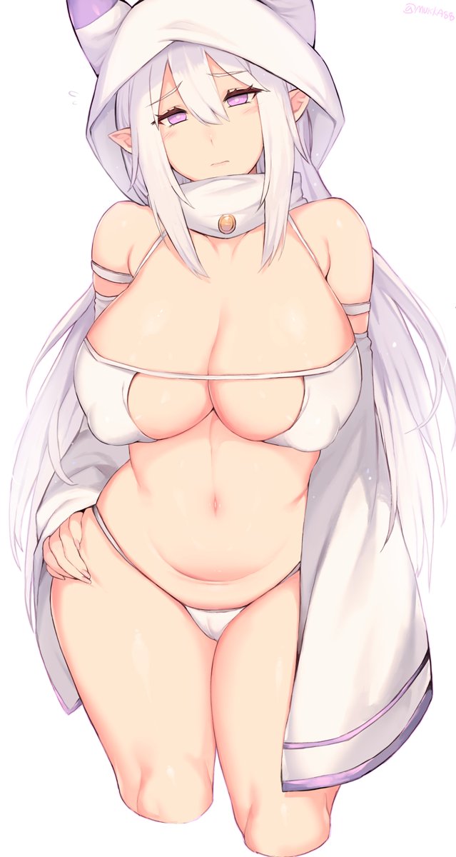 1girl alternate_breast_size armband bangs bare_shoulders bra breasts cleavage closed_mouth commentary constricted_pupils contrapposto covered_nipples cowboy_shot detached_sleeves emilia_(re:zero) eyebrows_visible_through_hair fingernails forehead hair_between_eyes hand_on_hip highres hood hood_up huge_breasts long_bangs long_hair long_sleeves looking_at_viewer mukka navel panties pointy_ears purple_eyes re:zero_kara_hajimeru_isekai_seikatsu simple_background solo stomach thighs underwear white_background white_bra white_hair white_panties wide_hips wide_sleeves
