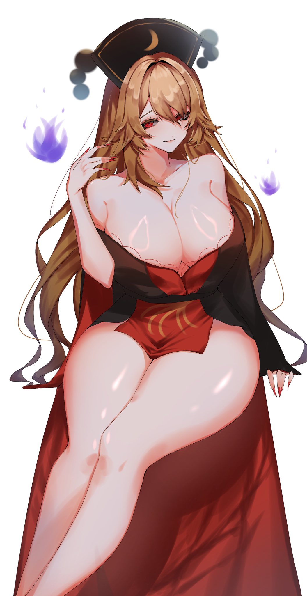 1girl black_dress black_eyeliner blonde_hair breasts chinese_clothes cleavage dress eyelashes eyeliner fingernails fire hair_between_eyes hat hat_iue highres huge_breasts junko_(touhou) legacy_of_lunatic_kingdom long_hair long_sleeves looking_at_viewer makeup nail_polish phoenix_crown phoenix_print red_eyes red_nails red_tabard sharp_fingernails sidelocks simple_background sitting smile solo tabard thick_thighs thighs touhou very_long_hair will-o'-the-wisp_(mythology)
