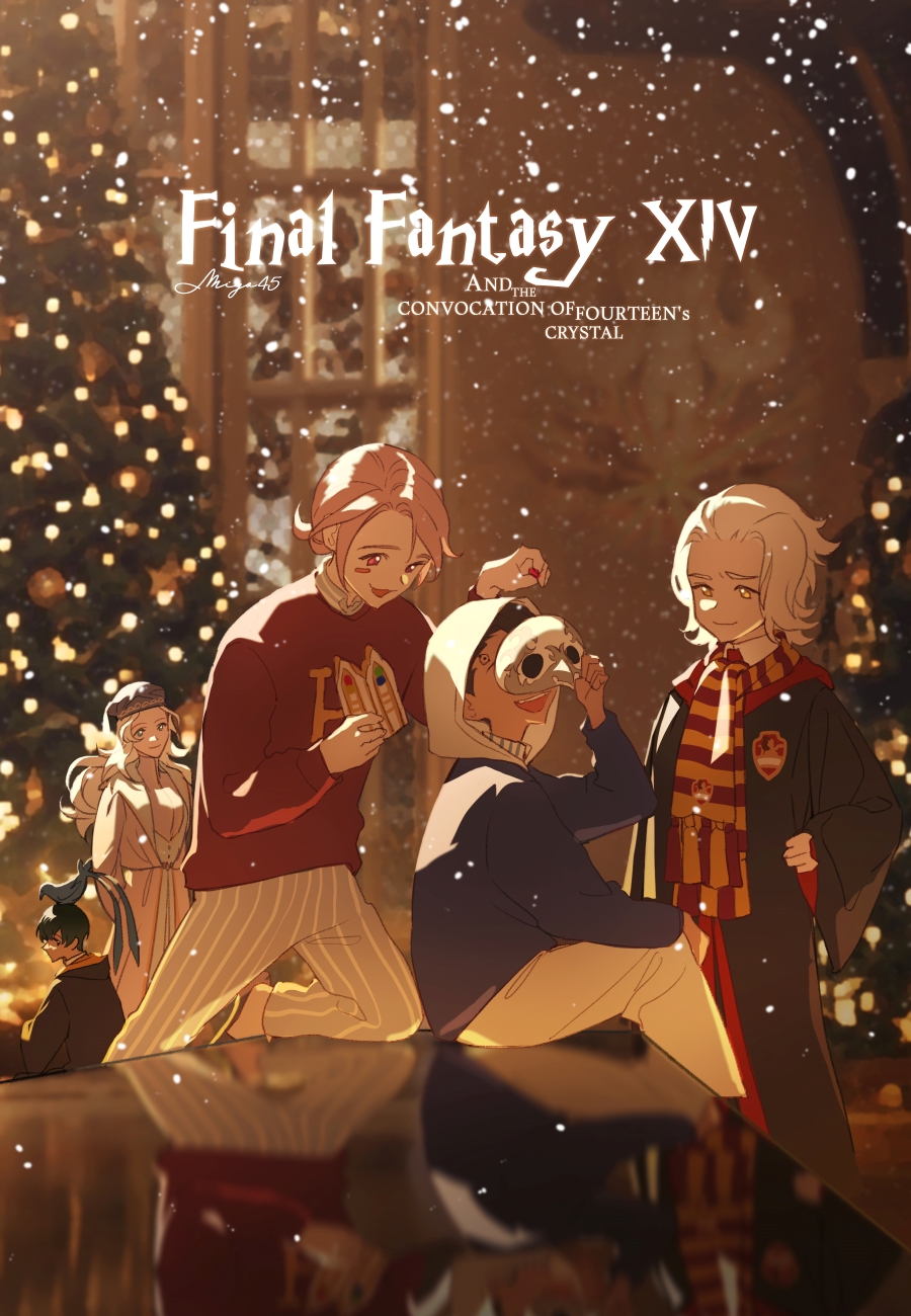 1girl 4boys :3 :d azem_(ff14) blue_sweater christmas christmas_tree closed_mouth copyright_name crossover emblem emet-selch final_fantasy final_fantasy_xiv hakama hakama_pants hand_on_own_hip harry_potter_(series) hermes_(ff14) highres hogwarts_school_uniform holding holding_mask hythlodaeus japanese_clothes long_sleeves mask meteion migo45 multiple_boys pants parody pink_hair red_eyes red_sweater scarf school_uniform smile snowing striped_clothes striped_scarf sweater venat_(ff14) white_hair wizarding_world yellow_eyes