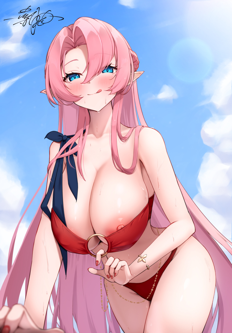 1girl alternate_costume azur_lane bikini bikini_pull blue_sky breasts cleavage clothes_pull covered_nipples duke_of_york_(azur_lane) large_breasts long_hair looking_at_viewer nail_polish nipple_slip nipples o-ring o-ring_bikini parted_bangs pink_hair pointy_ears pulled_by_self red_bikini red_eyes red_nails shionootsu signature sky swimsuit tongue tongue_out wet