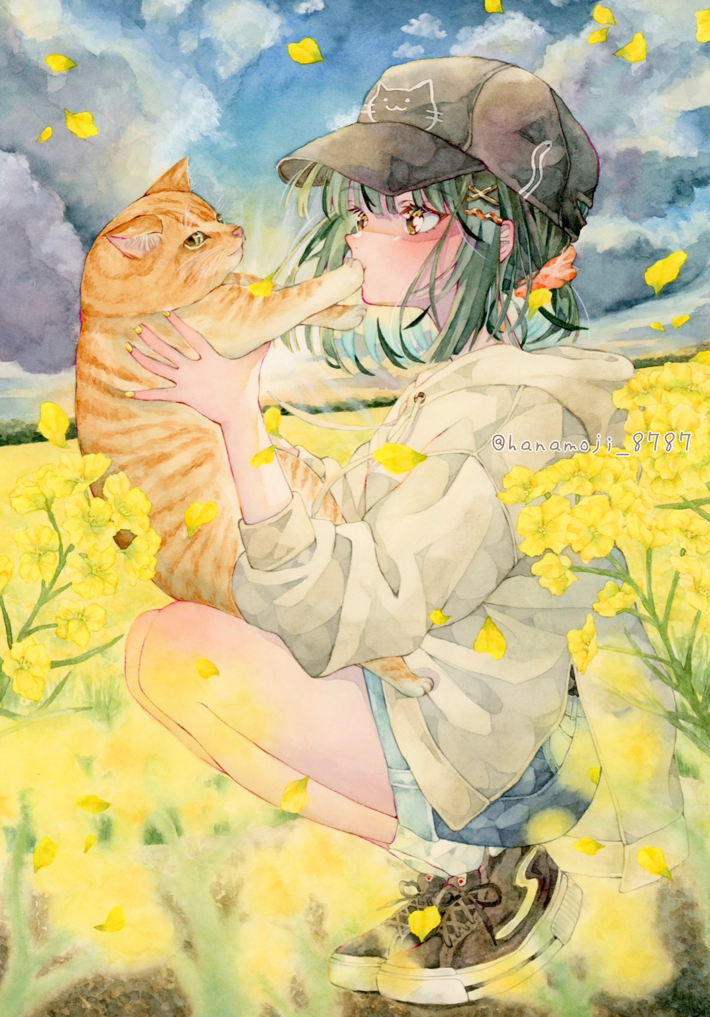 1girl animal artist_name bare_legs baseball_cap black_footwear black_headwear blue_shorts blue_sky blush cat cloud cloudy_sky day denim denim_shorts falling_petals flower from_side full_body green_hair hair_ornament hairclip hanamoji hat highres holding holding_animal holding_cat hood hood_down hoodie long_sleeves looking_at_animal nail_polish original outdoors painting_(medium) petals shoes short_hair shorts sky sneakers socks solo squatting traditional_media twitter_username watercolor_(medium) watermark white_hoodie white_socks x_hair_ornament yellow_eyes yellow_flower yellow_nails