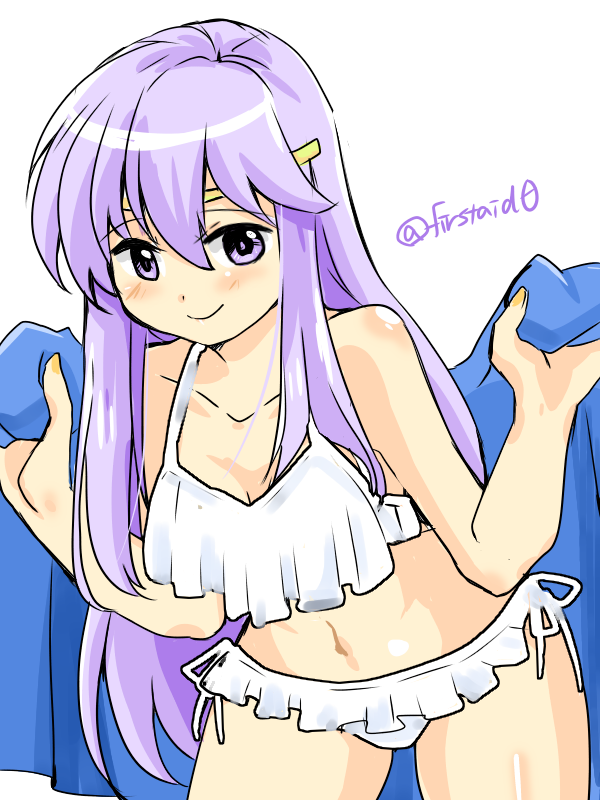 1girl alternate_costume bikini breasts circlet cleavage fire_emblem fire_emblem:_genealogy_of_the_holy_war julia_(fire_emblem) leaning_forward long_hair purple_eyes purple_hair simple_background smile solo swimsuit white_bikini yukia_(firstaid0)