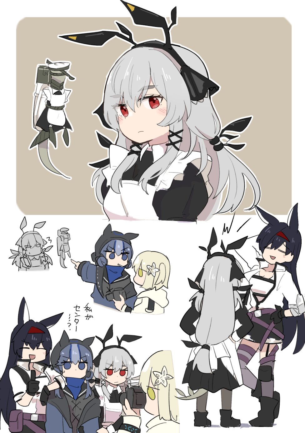 4girls animal_ears arknights black_gloves black_skirt blaze_(arknights) blue_eyes blue_hair camera cat_ears cat_girl closed_eyes commentary_request glaucus_(arknights) gloves green_eyes grey_hair highres holding holding_camera jacket kumamoto_aichi leaf_(arknights) long_hair looking_at_viewer multiple_girls open_mouth red_eyes scene_(arknights) short_hair skirt smile tank_top thumbs_up translation_request weedy_(arknights) white_jacket white_tank_top