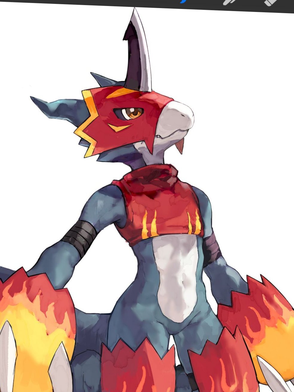 anthro armor bandai_namco blue_body claws clothing crop_top digimon digimon_(species) flamedramon headgear helmet hi_res male navel red_eyes sayoko404 shirt slim small_waist solo topwear