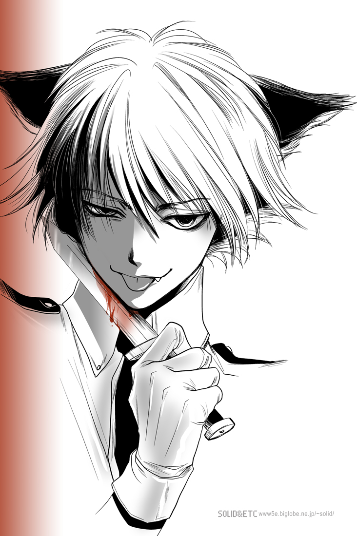 1boy animal_ears artist_name blood blood_on_weapon cat_ears gloves greyscale hellsing holding holding_knife knife male_focus monochrome necktie portrait schroedinger_(hellsing) solo spot_color tongue tongue_out toshimichi_yukari weapon web_address