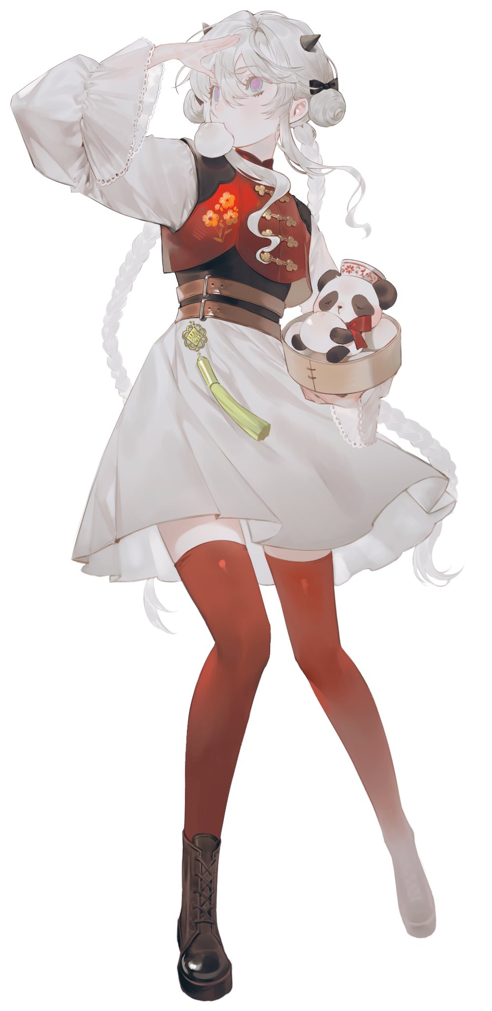 1girl arm_up bamboo_steamer baozi belt black_footwear boots bow braid brown_belt chinese_clothes double_bun dress floral_print food full_body hair_between_eyes hair_bun hat highres holding long_hair long_sleeves multicolored_eyes original panda red_bow red_thighhighs salute simple_background skirt solo tachi-e tassel thighhighs twin_braids uyu_1028 very_long_hair white_background white_dress white_hair white_skirt wide_sleeves zettai_ryouiki