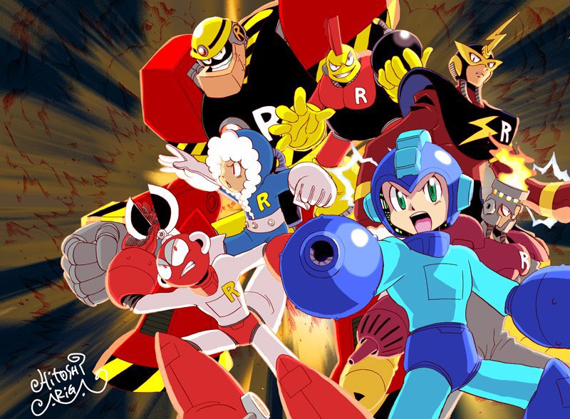 android ariga_hitoshi arm_cannon blue_bodysuit blue_eyes blue_headwear bodysuit bomb_man cut_man elec_man electricity fire fire_man guts_man helmet humanoid_robot ice_man mega_man_(character) mega_man_(classic) mega_man_(series) mega_man_1 open_mouth robot signature smirk weapon