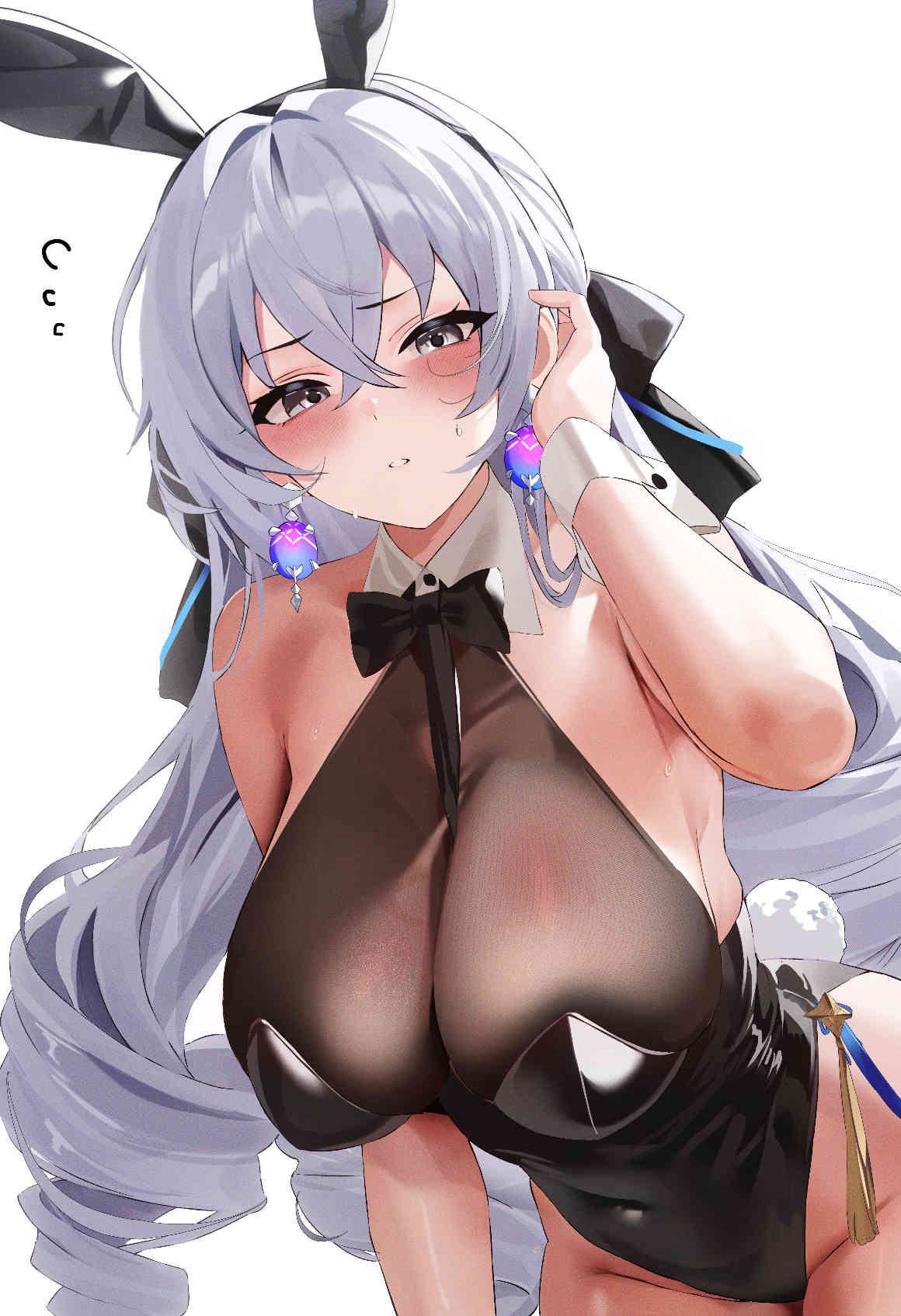 1girl alternate_costume animal_ears bare_shoulders black_bow black_bowtie black_hairband black_leotard blush bow bowtie breasts bronya_rand covered_navel crossed_bangs earrings fake_animal_ears fake_tail fantongjun grey_eyes grey_hair hair_between_eyes hair_ornament hairband highres honkai:_star_rail honkai_(series) jewelry jpeg_artifacts large_breasts leotard long_hair looking_at_viewer parted_lips playboy_bunny rabbit_ears rabbit_tail simple_background solo tail white_background wrist_cuffs