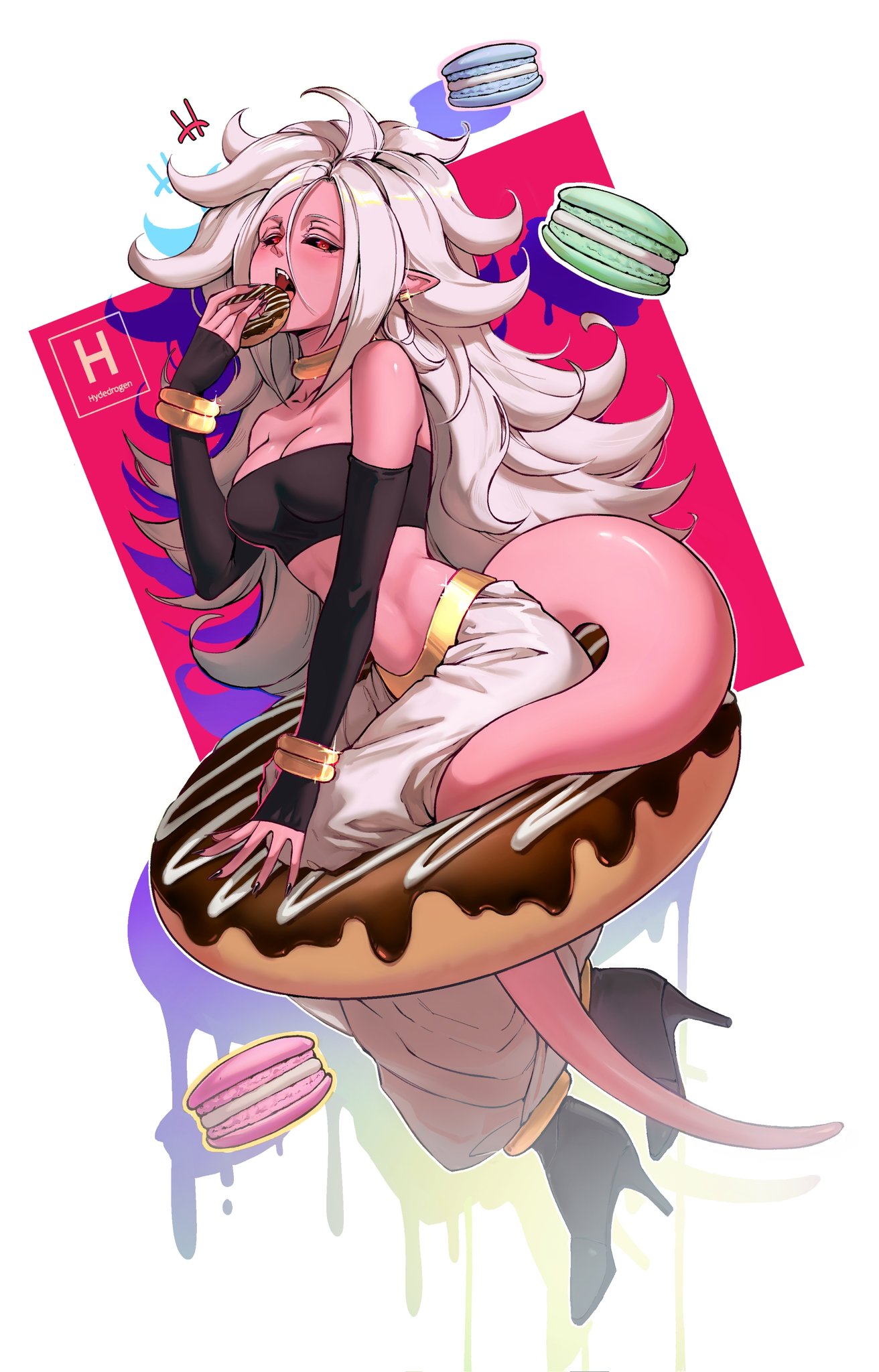 android_21 artist_request black_nails black_sclera black_tube_top bracelet checkered_clothes checkered_dress choker colored_sclera colored_skin dragon_ball dragon_ball_fighterz dragon_ball_z dress earrings food harem_pants highres hoop_earrings jewelry majin_android_21 pants pink_skin pointy_ears strapless tube_top yellow_choker