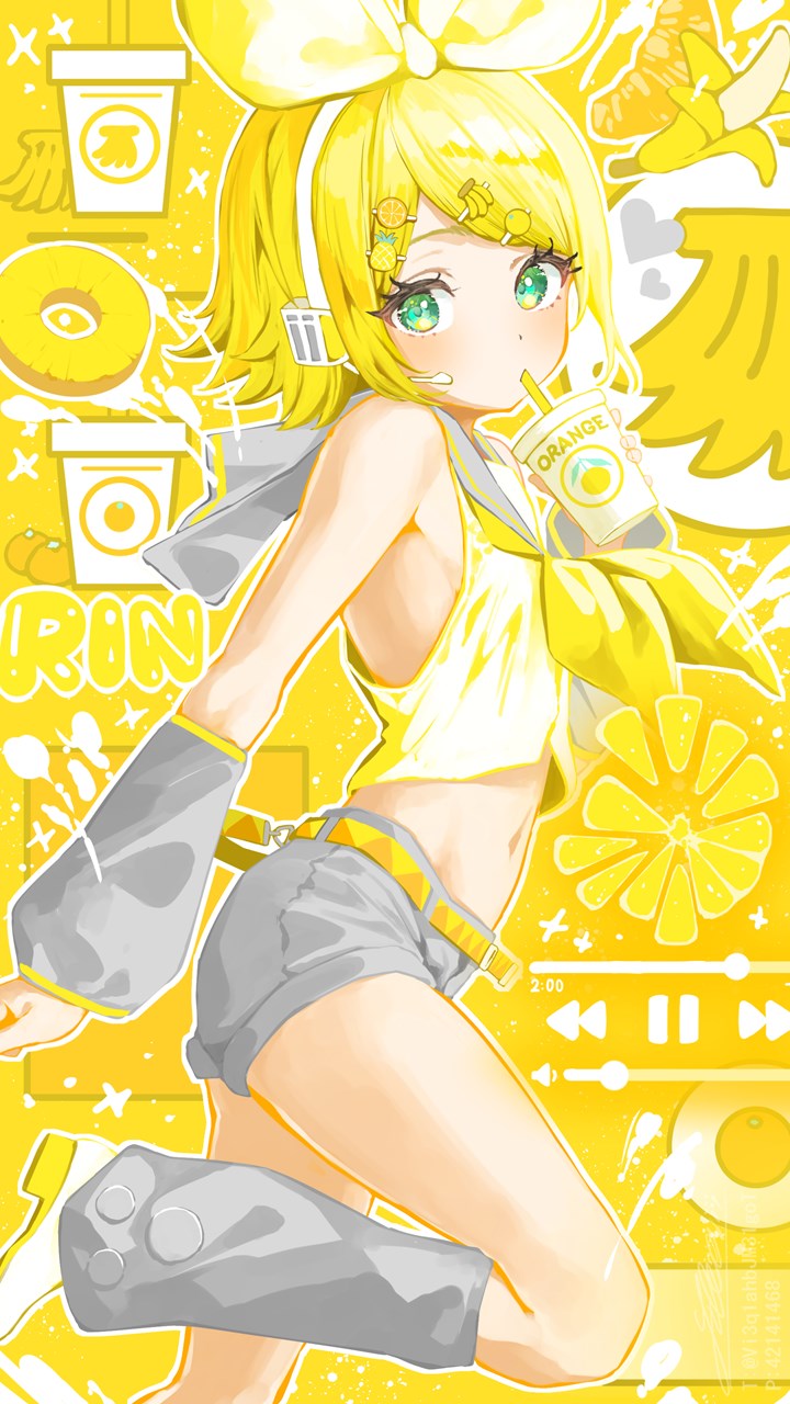 1girl arm_warmers banana bare_shoulders belt blonde_hair bow character_name crop_top cup digital_media_player doughnut drinking_straw drinking_straw_in_mouth fast_forward_button food foot_out_of_frame fruit green_eyes grey_shorts hair_bow hair_ornament hairclip headset heart highres holding holding_cup ipod kagamine_rin leg_warmers lemon looking_at_viewer looking_to_the_side medium_hair midriff navel neckerchief orange_(fruit) pause_button pineapple rewind_button sailor_collar shirubaa shoes short_shorts shorts sleeveless solo tank_top vocaloid yellow_background yellow_neckerchief yellow_theme