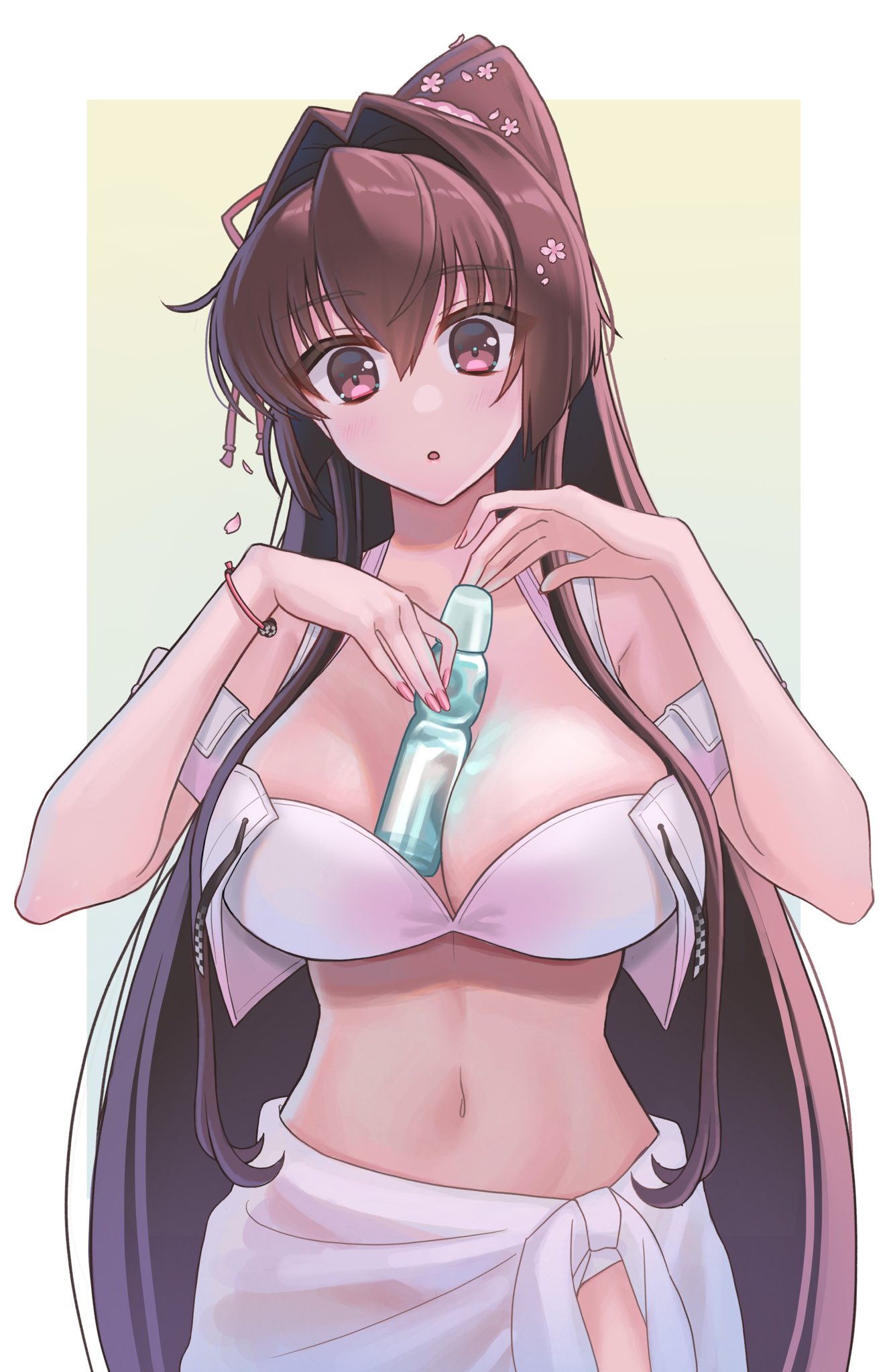 1girl ayuko91 between_breasts bikini breasts brown_eyes brown_hair cherry_blossoms flower hair_flower hair_ornament highres kantai_collection large_breasts long_hair official_alternate_costume pink_bikini pink_sarong ponytail ramune sarong smile solo swimsuit two-tone_background very_long_hair white_background yamato_(kancolle) yamato_kai_ni_(kancolle) yellow_background