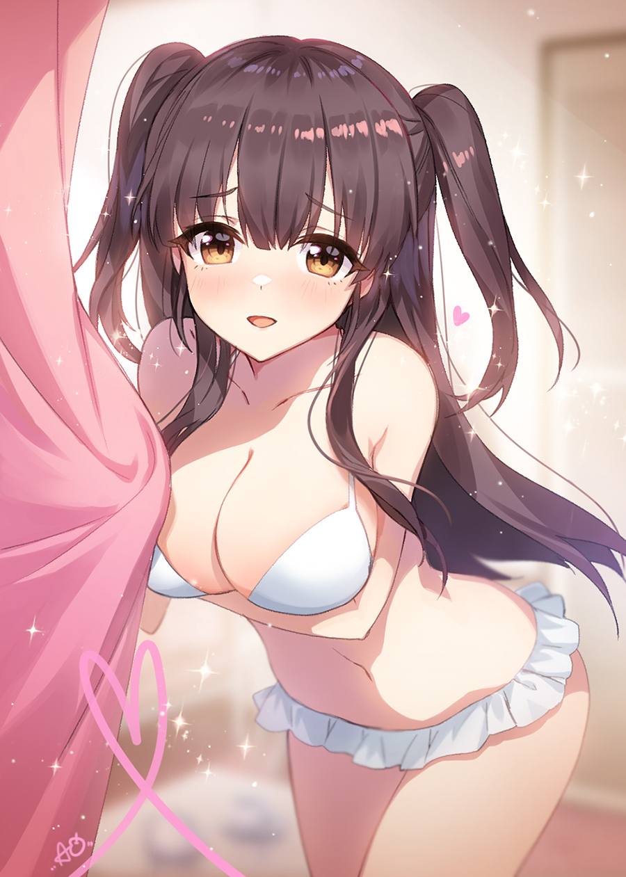 1girl apple_caramel bare_arms bare_shoulders bikini breast_hold breasts brown_eyes brown_hair cleavage collarbone cowboy_shot curtains embarrassed frilled_bikini frills halterneck highres idoly_pride large_breasts long_hair looking_at_viewer navel open_mouth smile solo sparkle stomach string_bikini suzumura_yuu swimsuit thighs two_side_up white_bikini