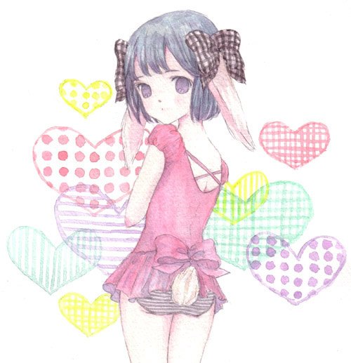 1girl animal_ears ass bare_arms bare_legs black_hair bow cowboy_shot dress from_behind hair_bow heart looking_at_viewer looking_back original painting_(medium) panties pink_dress plaid plaid_bow purple_eyes rabbit_ears rabbit_girl rabbit_tail ribbon short_hair solo standing striped_clothes striped_panties tail traditional_media underwear watercolor_(medium) white_background yana_kotta