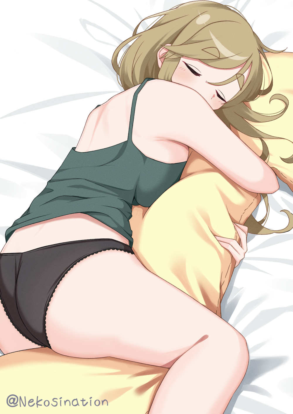 1girl ass back bare_arms bare_legs black_panties blonde_hair body_pillow breast_press breasts camisole closed_mouth commentary_request green_camisole highres hugging_object inuyama_aoi large_breasts long_hair lying nekosination panties pillow pillow_hug sidelocks sleeping solo thick_eyebrows twitter_username underwear yurucamp