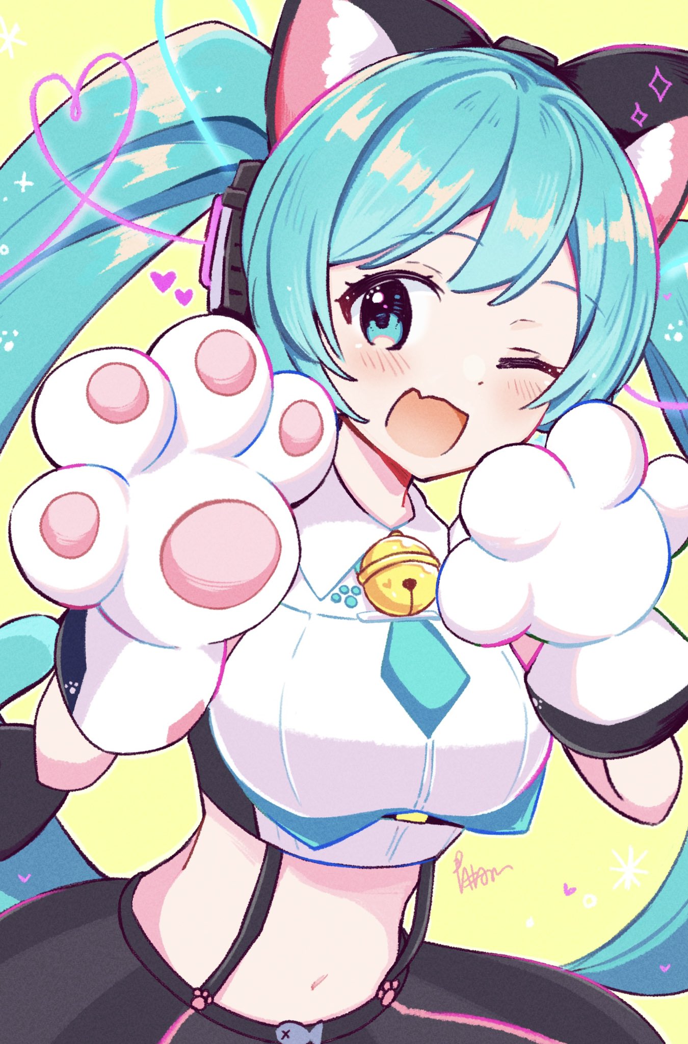 1girl :d adapted_costume animal_ear_headphones animal_ears animal_hands aoiyui bell black_skirt blue_eyes blue_hair blue_necktie blush breasts cat_ear_headphones collared_shirt cowboy_shot cropped_shirt dot_nose fake_animal_ears gloves hatsune_miku headphones headset highres large_breasts looking_at_viewer magical_mirai_miku magical_mirai_miku_(2016) navel neck_bell necktie one_eye_closed open_mouth paw_gloves shirt sidelocks signature skirt smile solo stomach suspender_skirt suspenders twintails vocaloid white_gloves white_shirt yellow_background