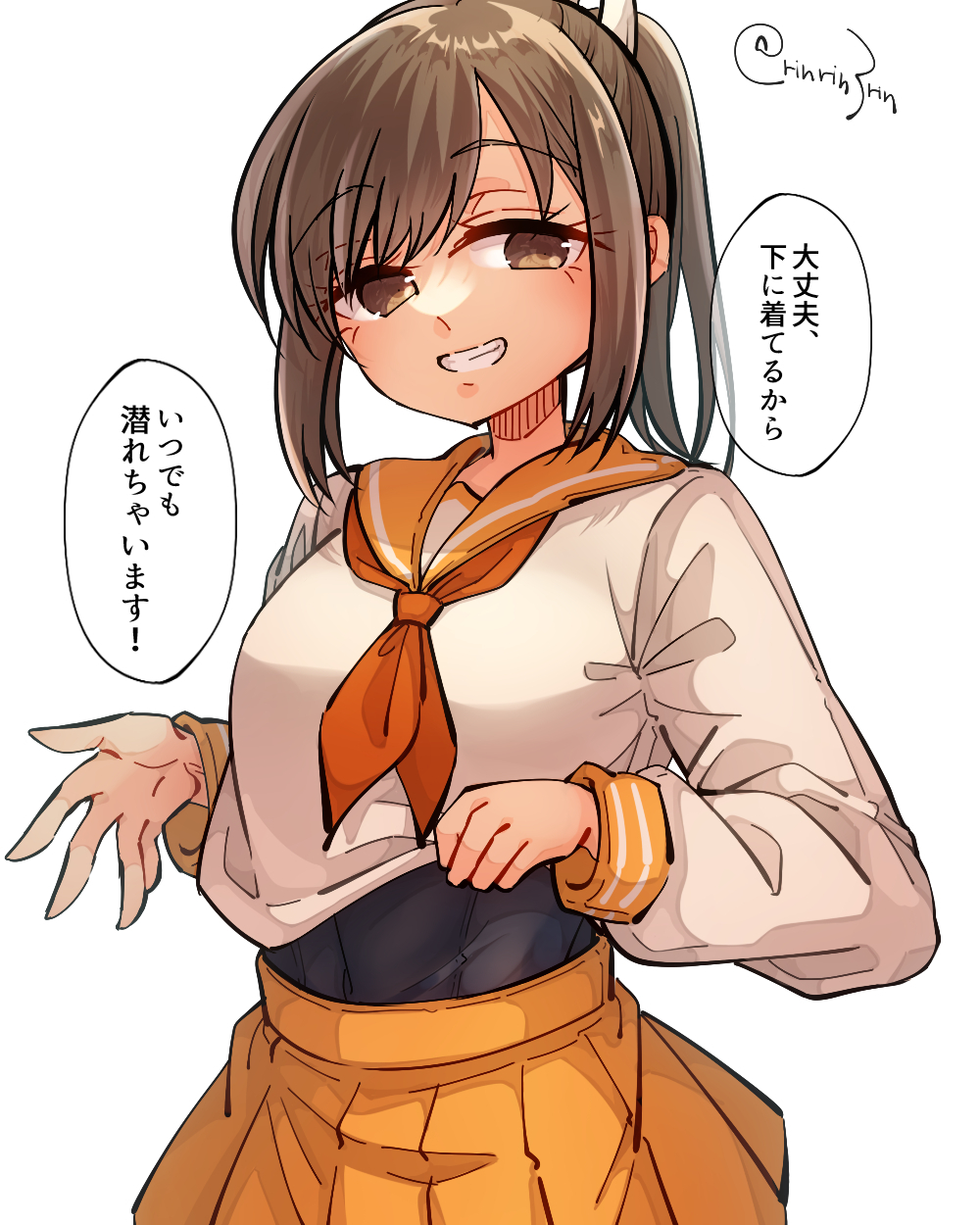 1girl alternate_costume brown_eyes brown_hair clothes_lift cowboy_shot grin highres i-401_(kancolle) kantai_collection lifted_by_self long_sleeves looking_at_viewer matsunaga_(haku) medium_hair neckerchief orange_neckerchief orange_sailor_collar orange_skirt pleated_skirt sailor_collar sailor_shirt school_uniform serafuku shirt shirt_lift skirt smile solo swimsuit swimsuit_under_clothes